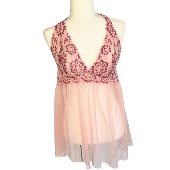 Victoria's Secret Babydoll Night Dress Women's L Pink Deep V Mesh Floral Lace - Picture 1 of 7